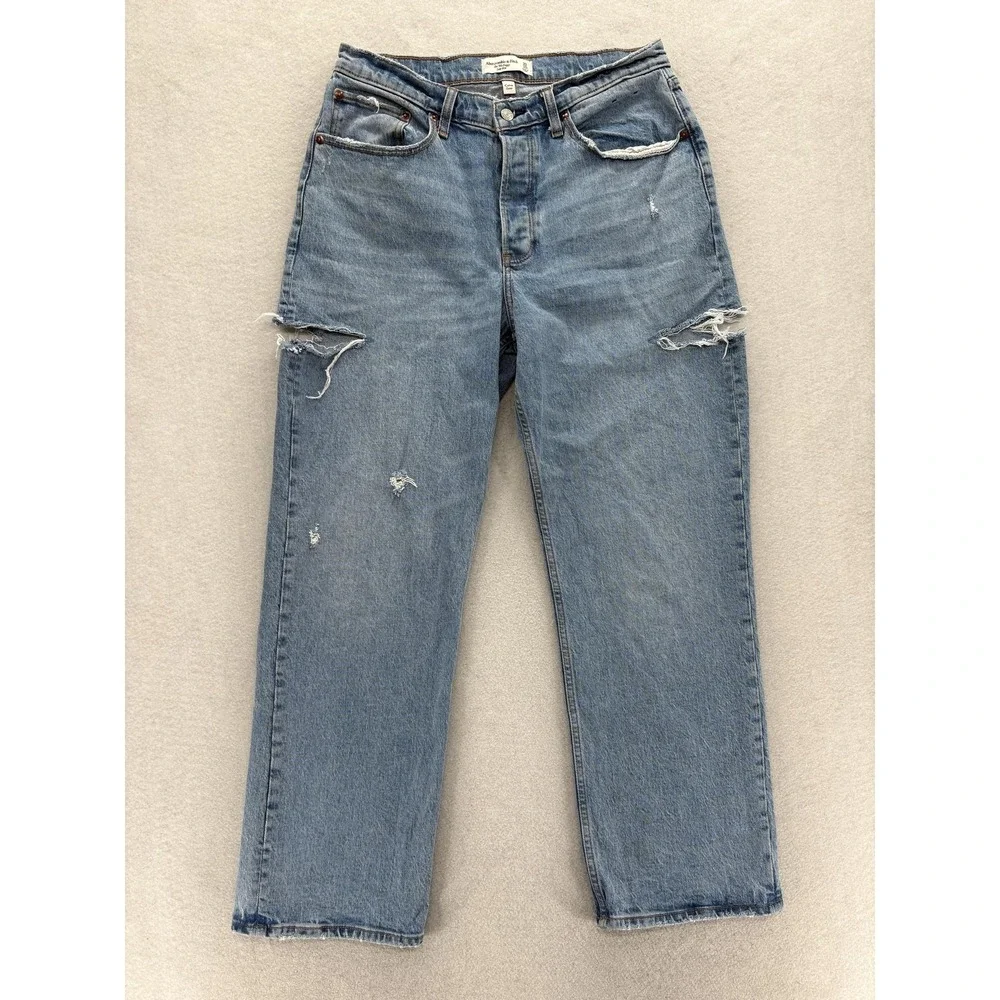 Abercrombie & Fitch 90s Baggy Straight Jeans Womens 10 Blue Low Rise Curve Love - Picture 1 of 12
